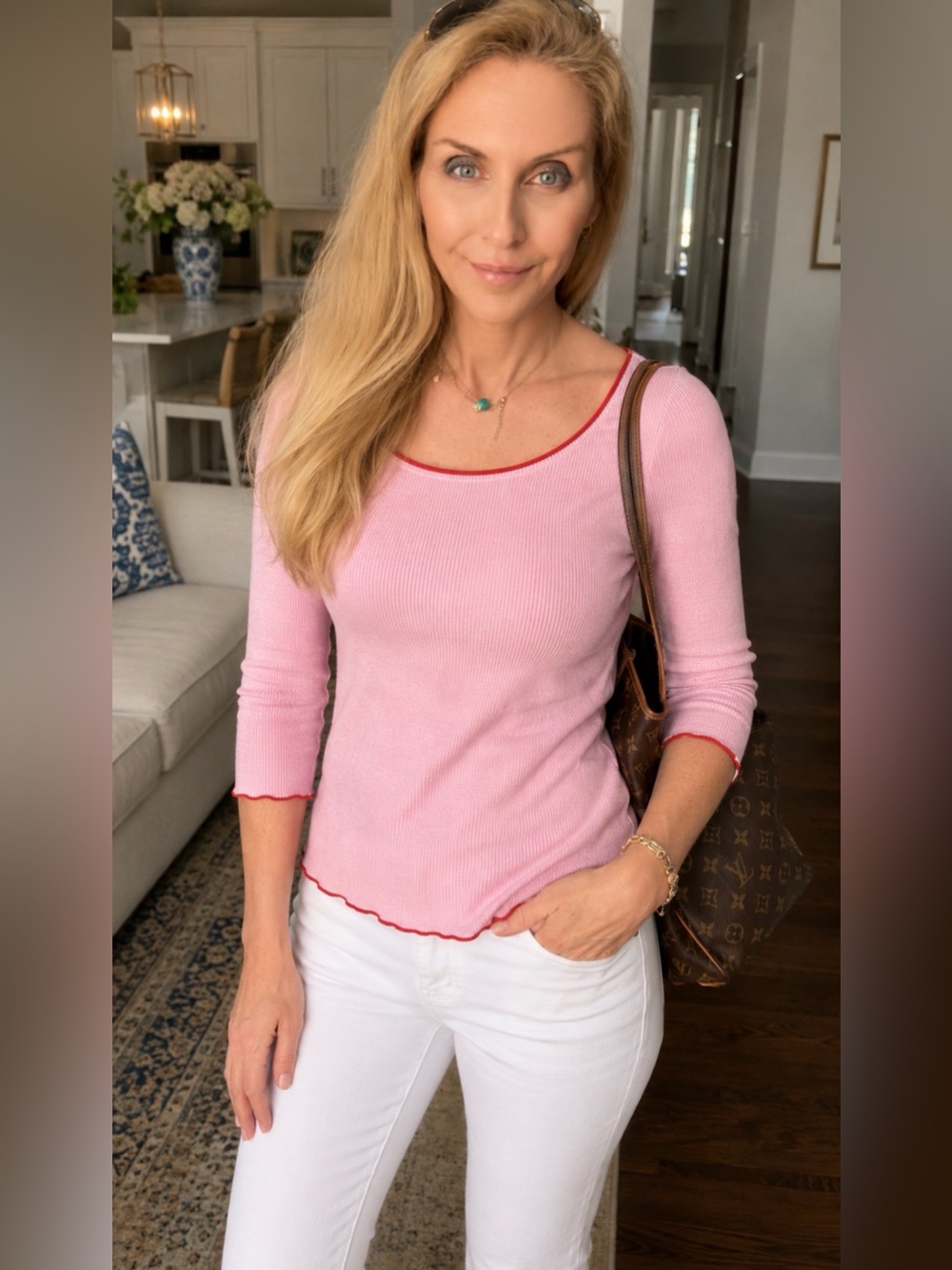 J. McLaughlin Pink Ribbed Scoop Neck Top with Red Trim